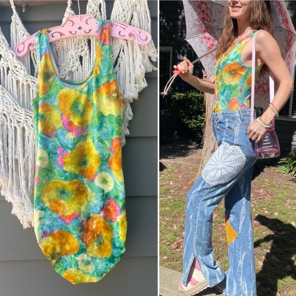 Vintage Tops - SOLD Vintage Velvet Colorful Bodysuit